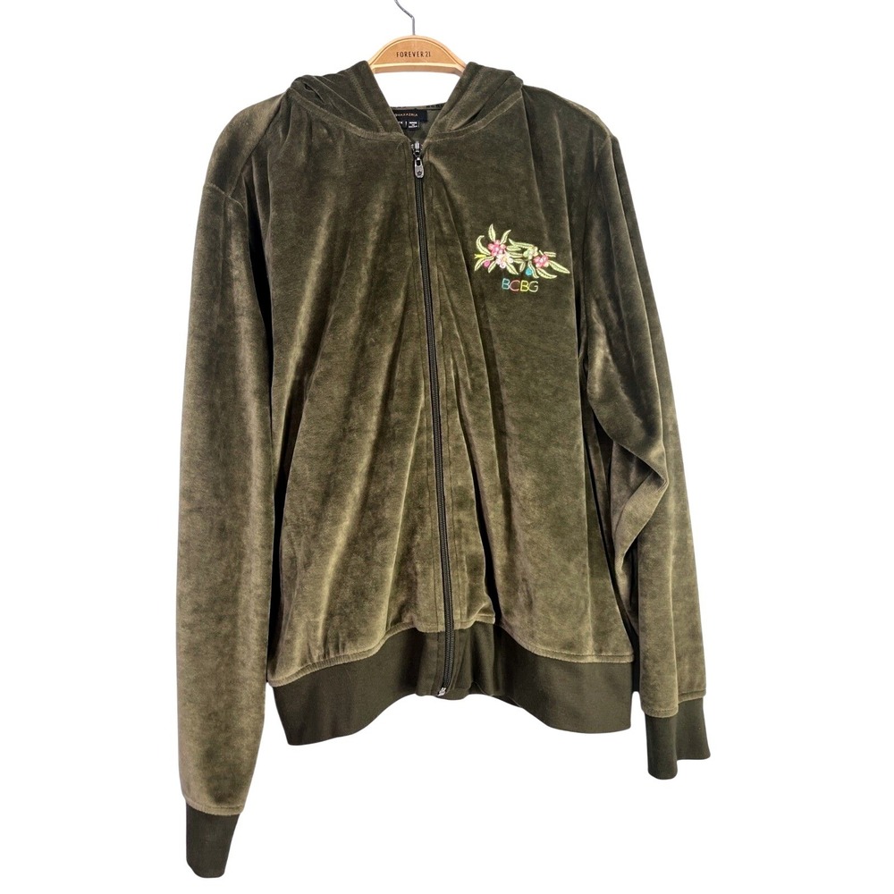 BCBG Max Azria Y2K Hoodie Women 2X Olive Green Sequin Velour Peacock Embroidered